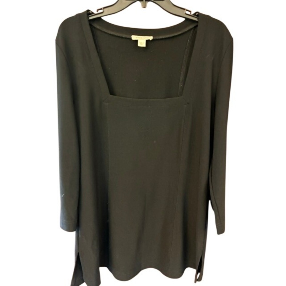 Boston Proper Square Neck Top Women L Black Excellent 3/4 Sleeve Side Slit Tunic